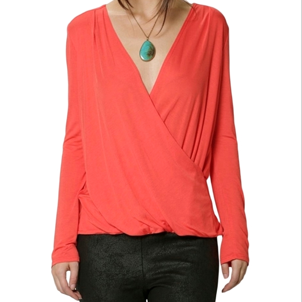 NWT Lanston Surplice Top Orange Red Modal Drapey Long Sleeve Dressy Top Size XS